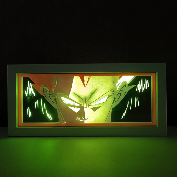 Custom Dragon Ball Z anime light box with 3D paper carving and RGB LED lights featuring Vegeta in his iconic Saiyan Prince form. Perfect for anime gifts, Christmas decorations, and decor for Vegeta fans. Remote-controlled colors create a fierce, battle-ready ambiance for bedrooms or anime-themed spaces. This handmade piece is an ideal gift for holidays or birthdays, highlighting Vegeta’s Final Flash and Saiyan pride. A must-have for Dragon Ball Z fans to showcase their love for the Prince of Saiyans