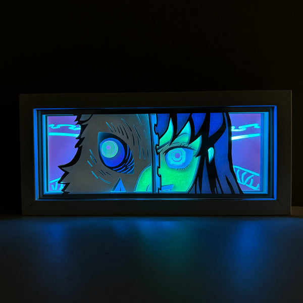 Custom Demon Slayer anime light box with 3D paper carving and RGB LED lights featuring Tanjiro and Nezuko. Perfect for anime gifts, Christmas decorations, and decor for fans and collectors. Remote-controlled colors create a vibrant, action-packed ambiance for bedrooms, desks, or anime-themed spaces. This handmade piece is an ideal gift for holidays or birthdays, designed for lovers of intense battles and stunning anime decor. A must-have for Demon Slayer fans looking to enhance their collection.