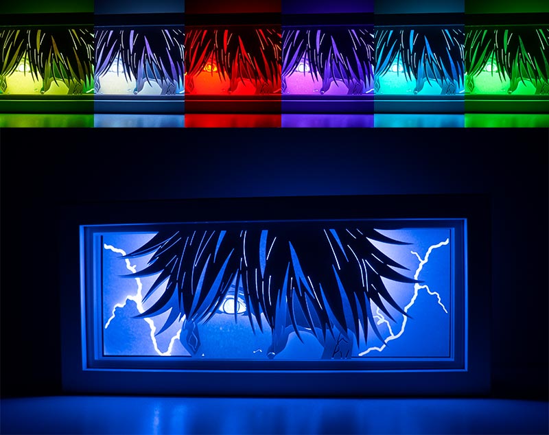 Jujutsu Kaisen anime light box with 3D paper carving and LED RGB lighting, featuring Yuji Itadori, Gojo Satoru, and Sukuna. This custom handmade light box brings the intense sorcery battles to life with remote-controlled color options, perfect for adding a supernatural vibe to any bedroom, desk, or anime-inspired space