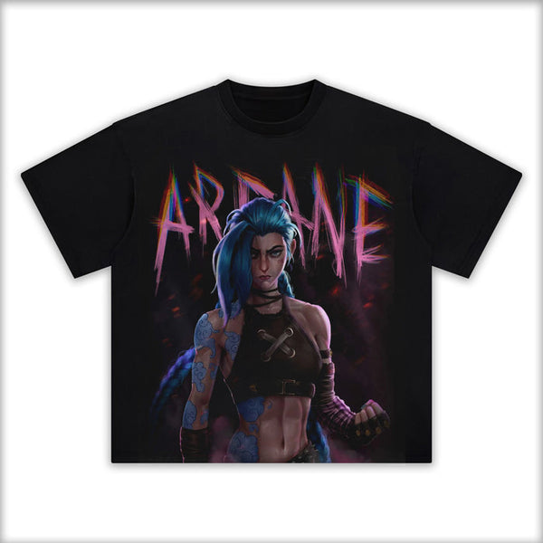 Arcane T-Shirts by Anime Crush - Premium Tees Featuring Jinx, Vi, Caitlyn, Ekko, and Other Iconic Characters from Arcane: League of Legends. Crafted with Soft, Durable Fabric and Bold Designs Inspired by Piltover and Zaun. Perfect for Fans of Arcane Who Love Stylish Anime Apparel. Showcase Your Passion for Jinx’s Chaos, Vi’s Strength, and the Stunning Visuals of the Arcane Universe. Great for Everyday Wear, Cosplay, or as Gifts for Gamers and Anime Fans.