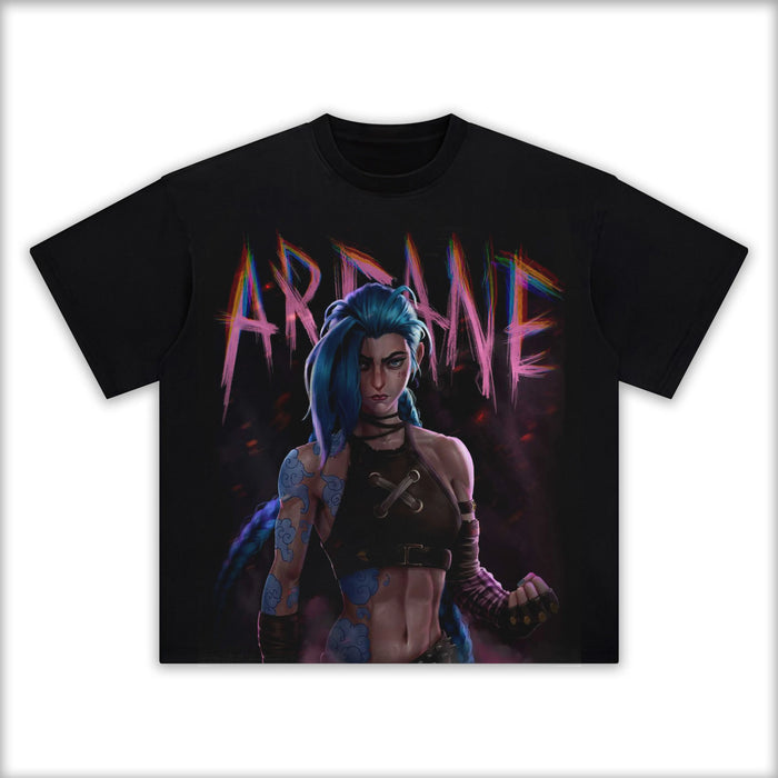 Arcane T-Shirts by Anime Crush - Premium Tees Featuring Jinx, Vi, Caitlyn, Ekko, and Other Iconic Characters from Arcane: League of Legends. Crafted with Soft, Durable Fabric and Bold Designs Inspired by Piltover and Zaun. Perfect for Fans of Arcane Who Love Stylish Anime Apparel. Showcase Your Passion for Jinx’s Chaos, Vi’s Strength, and the Stunning Visuals of the Arcane Universe. Great for Everyday Wear, Cosplay, or as Gifts for Gamers and Anime Fans.