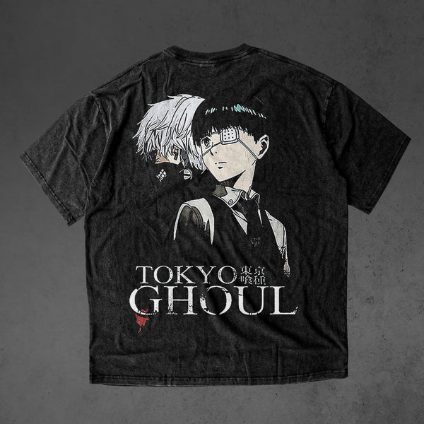 Vintage oversized Tokyo Ghoul streetwear tee with classic washed Harajuku Y2K style, perfect for skateboarders, otaku, and anime fans. This heavyweight cotton shirt features Kaneki, Touka, Amon, and Rize in bold, dark artwork. Ideal for skating, gym, or cosplay, this tee captures the eerie intensity and rebellious spirit of Tokyo Ghoul, blending the struggle between humans and ghouls with edgy streetwear vibes. A must-have for fans of Kaneki’s transformation and the sinister world of ghouls