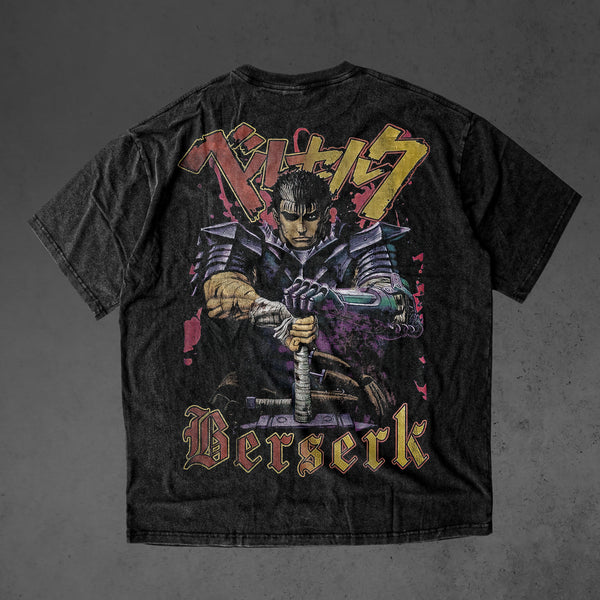 Vintage oversized Berserk streetwear tee with a classic washed Harajuku Y2K aesthetic. Perfect for skateboarders, otaku, and dark fantasy anime fans, this heavyweight cotton shirt showcases Guts in bold, gritty artwork. Ideal for skating, gym, or cosplay, this tee embodies the raw intensity and rebellious spirit of Berserk, capturing the struggle for survival and vengeance in a striking streetwear piece