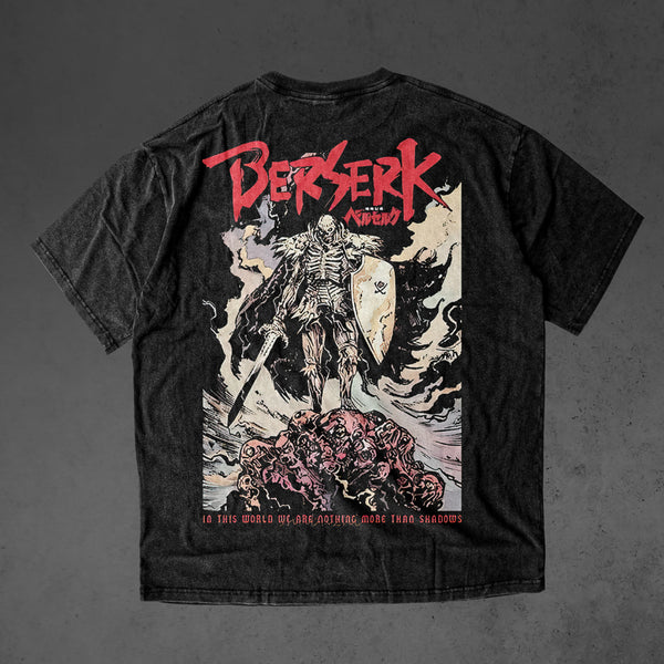 Vintage oversized Berserk streetwear tee with a classic washed Harajuku Y2K aesthetic. Perfect for skateboarders, otaku, and dark fantasy anime fans, this heavyweight cotton shirt showcases Guts in bold, gritty artwork. Ideal for skating, gym, or cosplay, this tee embodies the raw intensity and rebellious spirit of Berserk, capturing the struggle for survival and vengeance in a striking streetwear piece