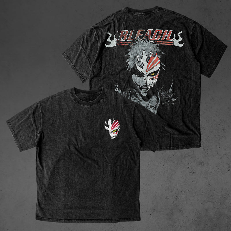 Bleach anime oversized washed T-shirt featuring Ichigo Kurosaki, Rukia Kuchiki, Byakuya Kuchiki, Kenpachi Zaraki and Toshiro Hitsugaya inspired by Bankai transformations, Zangetsu and the Soul Society arc graphic design on black washed cotton shirt