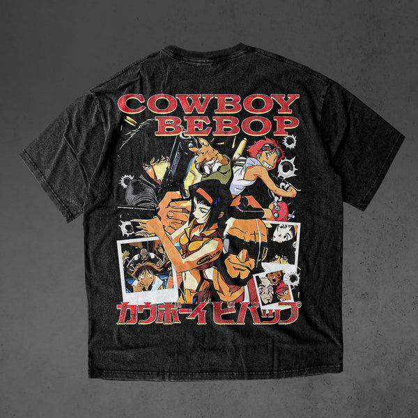 Vintage oversized Cowboy Bebop streetwear tee with classic washed Harajuku Y2K aesthetic. Perfect for skateboarders, otaku, and retro anime fans, this heavyweight cotton shirt features Spike Spiegel in bold, nostalgic artwork. Ideal for skating, gym, or cosplay, this tee captures the cool, rebellious spirit of Cowboy Bebop, blending space noir vibes with timeless streetwear style