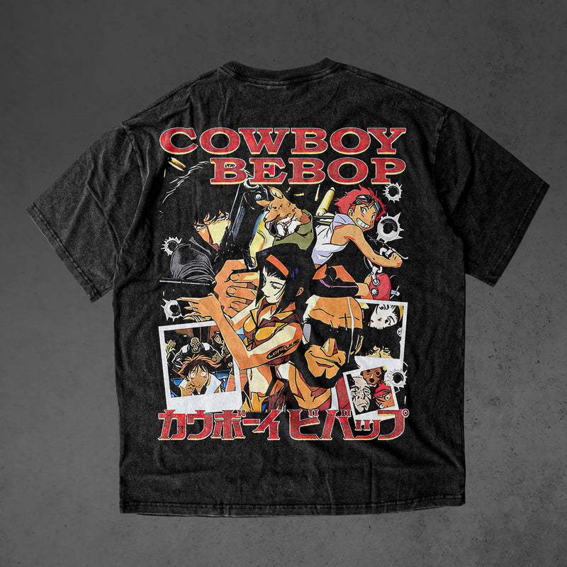 Vintage oversized Cowboy Bebop streetwear tee with classic washed Harajuku Y2K aesthetic. Perfect for skateboarders, otaku, and retro anime fans, this heavyweight cotton shirt features Spike Spiegel in bold, nostalgic artwork. Ideal for skating, gym, or cosplay, this tee captures the cool, rebellious spirit of Cowboy Bebop, blending space noir vibes with timeless streetwear style