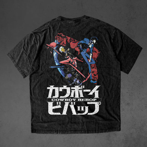 Vintage oversized Cowboy Bebop streetwear tee with classic washed Harajuku Y2K aesthetic. Perfect for skateboarders, otaku, and retro anime fans, this heavyweight cotton shirt features Spike Spiegel in bold, nostalgic artwork. Ideal for skating, gym, or cosplay, this tee captures the cool, rebellious spirit of Cowboy Bebop, blending space noir vibes with timeless streetwear style