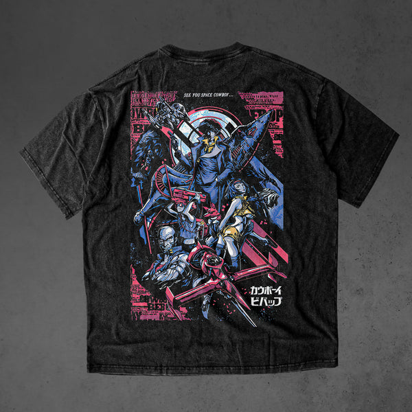 Vintage oversized Cowboy Bebop streetwear tee with classic washed Harajuku Y2K aesthetic. Perfect for skateboarders, otaku, and retro anime fans, this heavyweight cotton shirt features Spike Spiegel in bold, nostalgic artwork. Ideal for skating, gym, or cosplay, this tee captures the cool, rebellious spirit of Cowboy Bebop, blending space noir vibes with timeless streetwear style