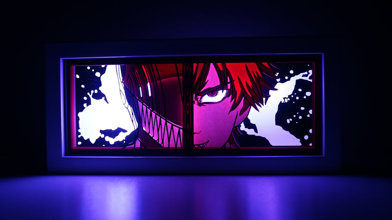 hainsaw Man anime light box with 3D paper carving and LED RGB lights, featuring Denji and Pochita. This custom handmade light box brings the intense action of Chainsaw Man to life with remote-controlled colors. Perfect for adding a gritty, rebellious touch to your bedroom, desk, or anime-themed decor