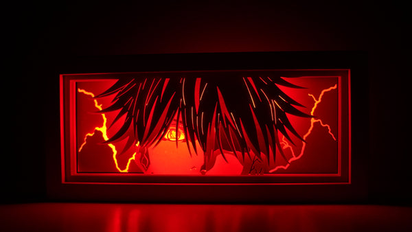 Jujutsu Kaisen anime light box with 3D paper carving and LED RGB lighting, featuring Yuji Itadori, Gojo Satoru, and Sukuna. This custom handmade light box brings the intense sorcery battles to life with remote-controlled color options, perfect for adding a supernatural vibe to any bedroom, desk, or anime-inspired space