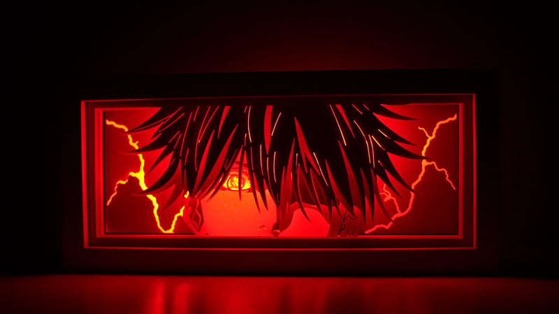 Jujutsu Kaisen anime light box with 3D paper carving and LED RGB lighting, featuring Yuji Itadori, Gojo Satoru, and Sukuna. This custom handmade light box brings the intense sorcery battles to life with remote-controlled color options, perfect for adding a supernatural vibe to any bedroom, desk, or anime-inspired space