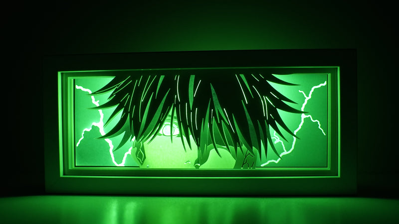 Jujutsu Kaisen anime light box with 3D paper carving and LED RGB lighting, featuring Yuji Itadori, Gojo Satoru, and Sukuna. This custom handmade light box brings the intense sorcery battles to life with remote-controlled color options, perfect for adding a supernatural vibe to any bedroom, desk, or anime-inspired space