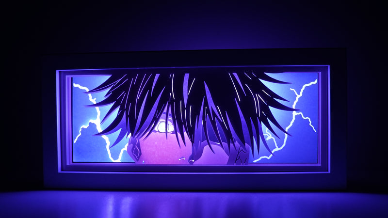 Jujutsu Kaisen anime light box with 3D paper carving and LED RGB lighting, featuring Yuji Itadori, Gojo Satoru, and Sukuna. This custom handmade light box brings the intense sorcery battles to life with remote-controlled color options, perfect for adding a supernatural vibe to any bedroom, desk, or anime-inspired space