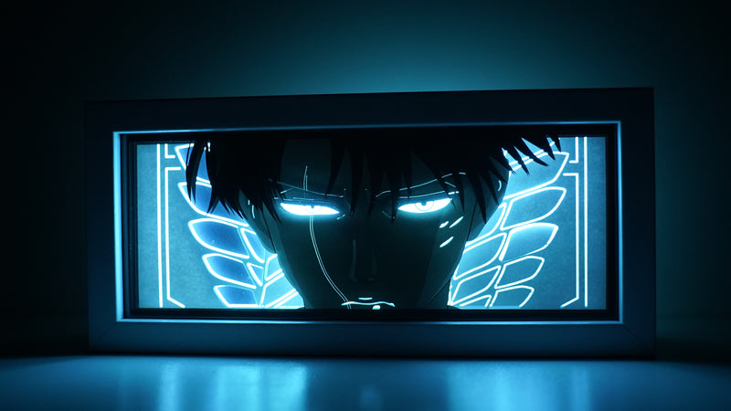 Attack on Titan anime light box with 3D paper carving and LED RGB lighting. Featuring Eren Yeager and the Colossal Titan, this custom handmade light box offers remote-controlled color options like blue, red, and white, perfect for bedroom or desk decor. Ideal for fans of the Survey Corps and humanity’s fight for survival, this light box brings the apocalyptic world of Attack on Titan to life