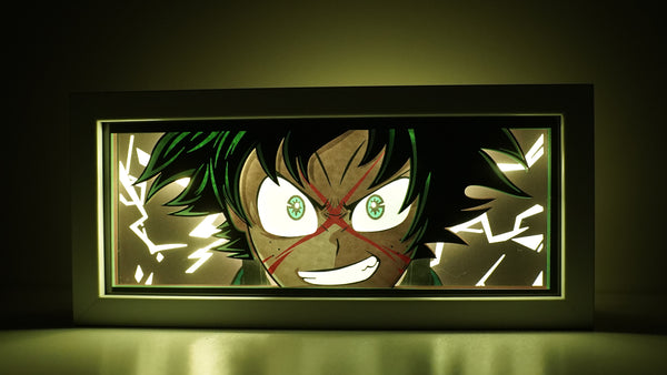 Custom My Hero Academia light box with 3D paper carving and RGB LED lights featuring Izuku "Deku" Midoriya. Perfect for anime gifts, Christmas decor, and Deku fans. Remote-controlled colors create an inspiring, heroic ambiance for any space. Ideal for holidays, birthdays, or special occasions, celebrating Deku’s One for All Quirk and his journey to becoming the greatest hero. A must-have for My Hero Academia fans looking to enhance their collection with a touch of Plus Ultra spirit