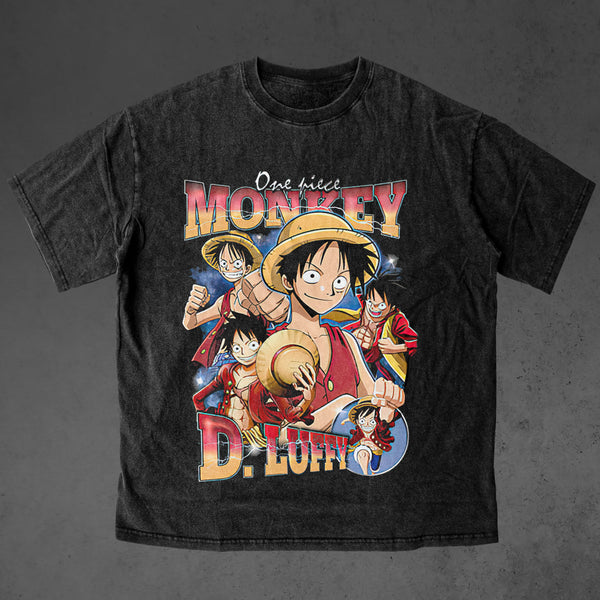 Vintage oversized One Piece streetwear tee with classic washed Harajuku Y2K vibes, perfect for skateboarders, otaku, and anime fans. This heavyweight cotton shirt features Luffy, Zoro, Nami, Sanji, and Chopper in bold, adventurous artwork. Ideal for skating, gym, or cosplay, this tee captures the thrill of pirate adventures and the rebellious spirit of One Piece, blending anime action with edgy streetwear style. A must-have for fans of the Straw Hat Pirates and Luffy’s quest to find the One Piece