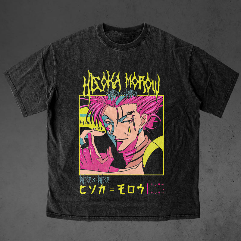 Vintage oversized Hunter x Hunter streetwear tee with classic washed Harajuku Y2K style, perfect for skateboarders, otaku, and anime fans. This heavyweight cotton shirt features Gon, Killua, Kurapika, Leorio, and Hisoka in bold, dynamic artwork. Ideal for skating, gym, or cosplay, this tee captures the adventurous spirit and intense battles of Hunter x Hunter, blending streetwear fashion with iconic moments from the anime. A must-have for fans of the Hunter Exam, Hisoka's cunning, and the relentless pursuit