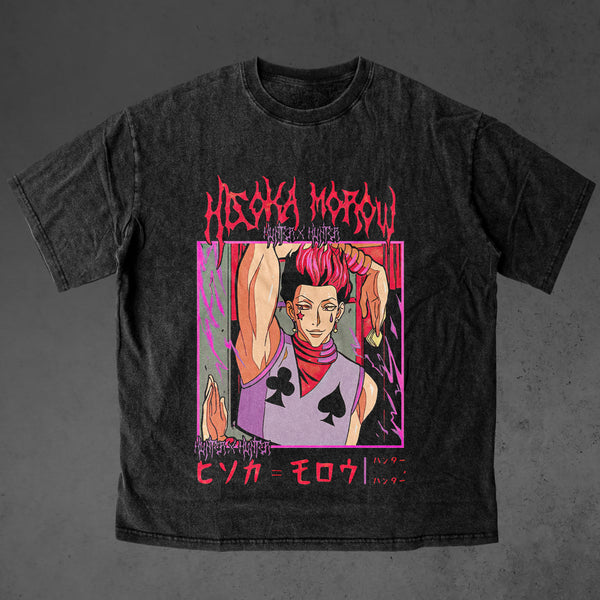 Vintage oversized Hunter x Hunter streetwear tee with classic washed Harajuku Y2K style, perfect for skateboarders, otaku, and anime fans. This heavyweight cotton shirt features Gon, Killua, Kurapika, Leorio, and Hisoka in bold, dynamic artwork. Ideal for skating, gym, or cosplay, this tee captures the adventurous spirit and intense battles of Hunter x Hunter, blending streetwear fashion with iconic moments from the anime. A must-have for fans of the Hunter Exam, Hisoka's cunning, and the relentless pursuit