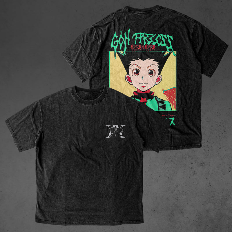 Vintage oversized Hunter x Hunter streetwear tee with classic washed Harajuku Y2K style, perfect for skateboarders, otaku, and anime fans. This heavyweight cotton shirt features Gon, Killua, Kurapika, Leorio, and Hisoka in bold, dynamic artwork. Ideal for skating, gym, or cosplay, this tee captures the adventurous spirit and intense battles of Hunter x Hunter, blending streetwear fashion with iconic moments from the anime. A must-have for fans of the Hunter Exam, Hisoka's cunning, and the relentless pursuit