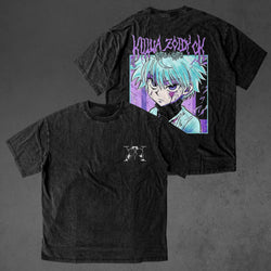 Vintage oversized Hunter x Hunter streetwear tee with classic washed Harajuku Y2K style, perfect for skateboarders, otaku, and anime fans. This heavyweight cotton shirt features Gon, Killua, Kurapika, Leorio, and Hisoka in bold, dynamic artwork. Ideal for skating, gym, or cosplay, this tee captures the adventurous spirit and intense battles of Hunter x Hunter, blending streetwear fashion with iconic moments from the anime. A must-have for fans of the Hunter Exam, Hisoka's cunning, and the relentless pursuit