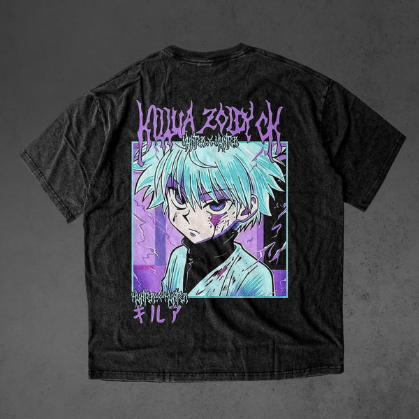 Vintage oversized Hunter x Hunter streetwear tee with classic washed Harajuku Y2K style, perfect for skateboarders, otaku, and anime fans. This heavyweight cotton shirt features Gon, Killua, Kurapika, Leorio, and Hisoka in bold, dynamic artwork. Ideal for skating, gym, or cosplay, this tee captures the adventurous spirit and intense battles of Hunter x Hunter, blending streetwear fashion with iconic moments from the anime. A must-have for fans of the Hunter Exam, Hisoka's cunning, and the relentless pursuit