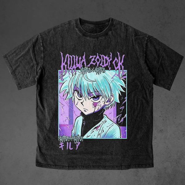 Vintage oversized Hunter x Hunter streetwear tee with classic washed Harajuku Y2K style, perfect for skateboarders, otaku, and anime fans. This heavyweight cotton shirt features Gon, Killua, Kurapika, Leorio, and Hisoka in bold, dynamic artwork. Ideal for skating, gym, or cosplay, this tee captures the adventurous spirit and intense battles of Hunter x Hunter, blending streetwear fashion with iconic moments from the anime. A must-have for fans of the Hunter Exam, Hisoka's cunning, and the relentless pursuit