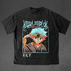 Vintage oversized Hunter x Hunter streetwear tee with classic washed Harajuku Y2K style, perfect for skateboarders, otaku, and anime fans. This heavyweight cotton shirt features Gon, Killua, Kurapika, Leorio, and Hisoka in bold, dynamic artwork. Ideal for skating, gym, or cosplay, this tee captures the adventurous spirit and intense battles of Hunter x Hunter, blending streetwear fashion with iconic moments from the anime. A must-have for fans of the Hunter Exam, Hisoka's cunning, and the relentless pursuit