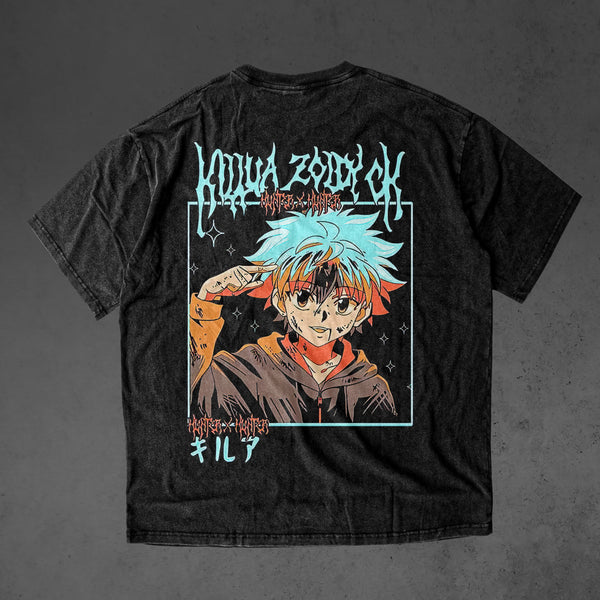 Vintage oversized Hunter x Hunter streetwear tee with classic washed Harajuku Y2K style, perfect for skateboarders, otaku, and anime fans. This heavyweight cotton shirt features Gon, Killua, Kurapika, Leorio, and Hisoka in bold, dynamic artwork. Ideal for skating, gym, or cosplay, this tee captures the adventurous spirit and intense battles of Hunter x Hunter, blending streetwear fashion with iconic moments from the anime. A must-have for fans of the Hunter Exam, Hisoka's cunning, and the relentless pursuit