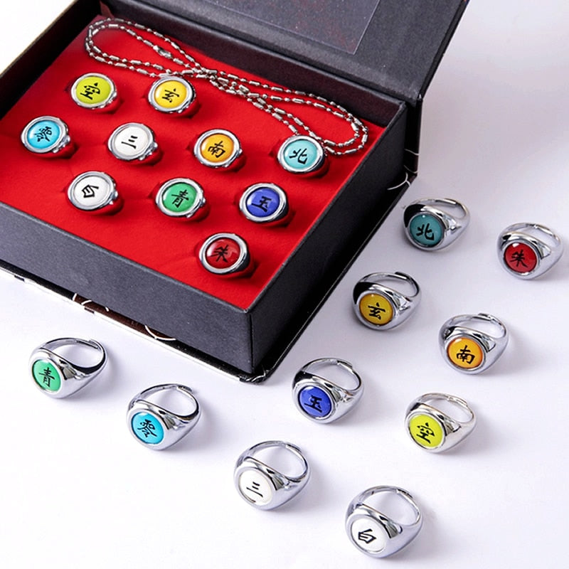 Naruto Shippuden Akatsuki rings collector’s set, full Naruto ring collection, stainless steel anime jewelry, Itachi Pain Deidara Kisame Sasori Konan Zetsu Hidan Kakuzu Tobi Orochimaru Nagato rings, Naruto cosplay box set, otaku anime merch, manga fan collectible, Comic Con cosplay props