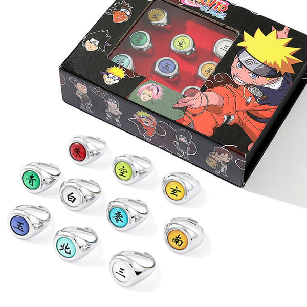 Naruto Shippuden Akatsuki rings collector’s set, full Naruto ring collection, stainless steel anime jewelry, Itachi Pain Deidara Kisame Sasori Konan Zetsu Hidan Kakuzu Tobi Orochimaru Nagato rings, Naruto cosplay box set, otaku anime merch, manga fan collectible, Comic Con cosplay props