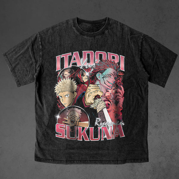 Vintage oversized Jujutsu Kaisen streetwear tee with classic washed Harajuku Y2K vibes, perfect for skateboarders, otaku, and anime fans. This heavyweight cotton shirt features Yuji Itadori, Gojo Satoru, Megumi Fushiguro, Nobara Kugisaki, and Sukuna in bold, dynamic artwork. Ideal for skating, gym, or cosplay, this tee embodies the intense sorcery battles and rebellious spirit of Jujutsu Kaisen, blending anime action with edgy streetwear style. A must-have for fans of cursed energy, Gojo’s power