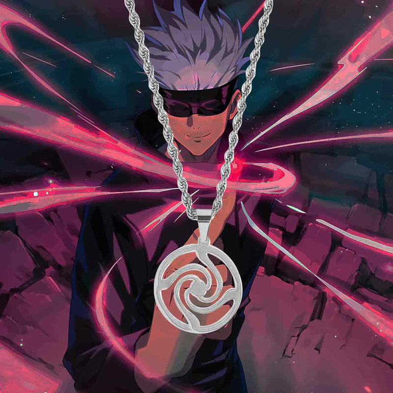 Jujutsu Kaisen Tungsten Pendant with stainless steel rope chain, premium quality anime jewelry, durable and scratch-resistant pendant, hypoallergenic for sensitive skin, collectible Jujutsu Kaisen merchandise, perfect gift for anime fans, luxury gold accent case and leather pouch included, Jujutsu Kaisen fan accessory, lifetime warranty included