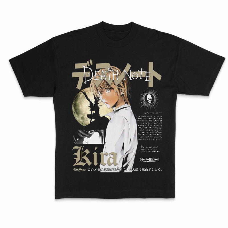 Death Note anime t-shirt featuring Light Yagami, L, Ryuk, Misa, and Near from the iconic Japanese manga and anime series by Tsugumi Ohba and Takeshi Obata. Vintage Y2K Harajuku oversized tee with a retro washed look, inspired by Japanese anime culture, psychological thriller art, and Tokyo street fashion. Perfect handmade otaku apparel for anime fans, manga collectors, and Death Note enthusiasts.