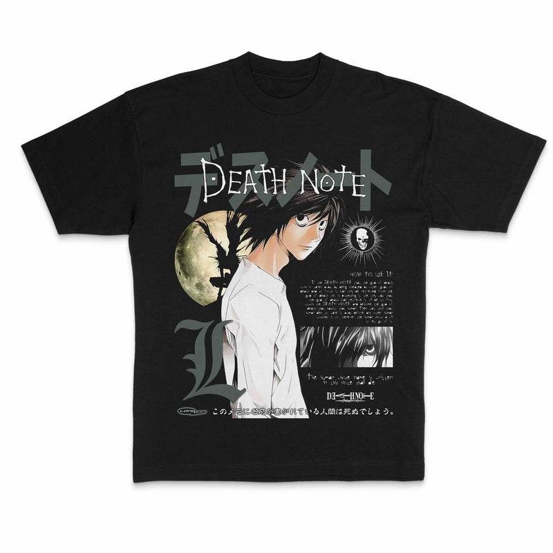 Death Note anime t-shirt featuring Light Yagami, L, Ryuk, Misa, and Near from the iconic Japanese manga and anime series by Tsugumi Ohba and Takeshi Obata. Vintage Y2K Harajuku oversized tee with a retro washed look, inspired by Japanese anime culture, psychological thriller art, and Tokyo street fashion. Perfect handmade otaku apparel for anime fans, manga collectors, and Death Note enthusiasts.
