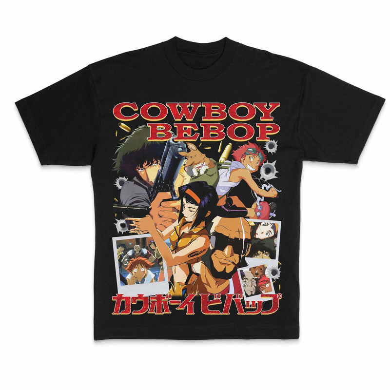 Cowboy Bebop Anime T-Shirt featuring Spike Spiegel, Faye Valentine, Jet Black, Ed, and Ein from Shinichiro Watanabe’s legendary Japanese anime series. Vintage Y2K Harajuku streetwear style oversized tee with retro washed aesthetic. Heavy cotton graphic shirt inspired by Japanese anime culture, space western art, and Tokyo street fashion. Handmade otaku apparel perfect for anime fans, manga collectors, 90s anime lovers, and streetwear enthusiasts. Ideal for Comic Con cosplay, anime conventions, Japanese fest