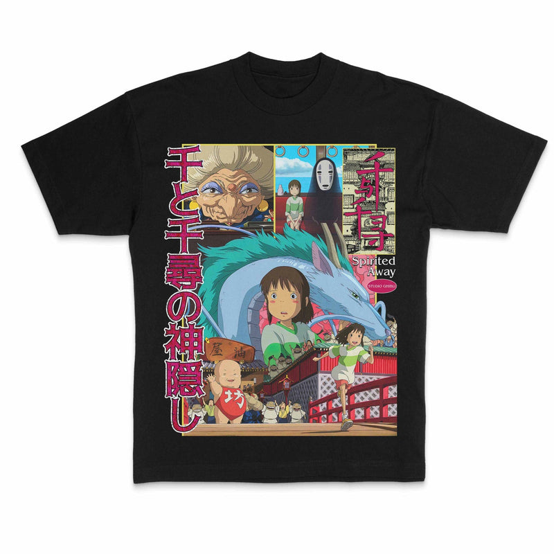 Spirited Away Anime T-Shirt featuring Chihiro, Haku, No Face (Kaonashi), Yubaba, and iconic characters from Studio Ghibli’s legendary Japanese animated film directed by Hayao Miyazaki. Vintage Y2K Harajuku streetwear style oversized tee with retro washed aesthetic. Heavy cotton graphic t-shirt inspired by Japanese anime culture, Studio Ghibli art, and Tokyo street fashion. Handmade otaku apparel perfect for anime fans, manga collectors, Ghibli lovers, and aesthetic streetwear enthusiasts. Ideal for Comic 