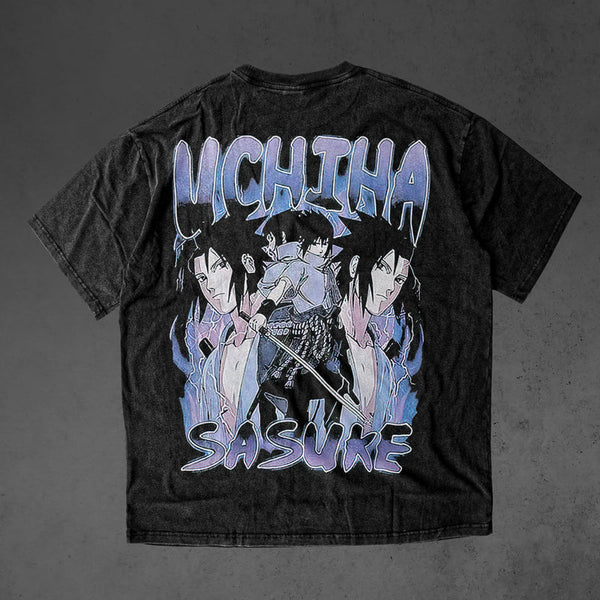 Naruto Sasuke Uchiha vintage double sided oversized t-shirt, Naruto Shippuden anime graphic tee, front and back print Japanese manga shirt, retro washed Y2K Harajuku streetwear fashion, Naruto vs Sasuke oversized anime shirt, Uchiha clan double print tee, otaku anime clothing, Naruto Shippuden cosplay outfit, Comic Con convention merch, Japanese anime gift for fans and collectors