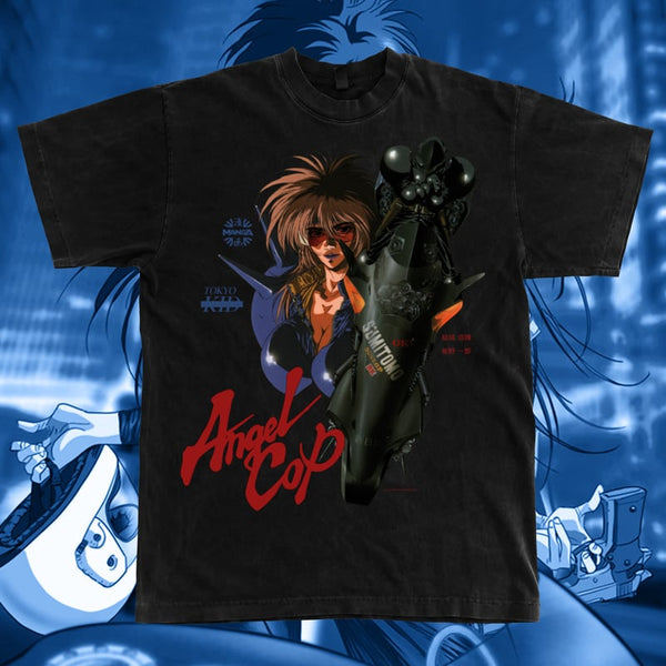 Intense Angel Cop Black Oversized T-Shirt featuring striking, detailed artwork of Angel and the fierce anti-terror task force logo. Made from premium, soft cotton fabric for all-day comfort, this bold black tee embodies the gritty, cyberpunk atmosphere of the classic series. Perfect for everyday wear, anime conventions, or adding a dark, edgy vibe to your wardrobe, this t-shirt is a must-have for Angel Cop fans and lovers of classic 80s anime action.