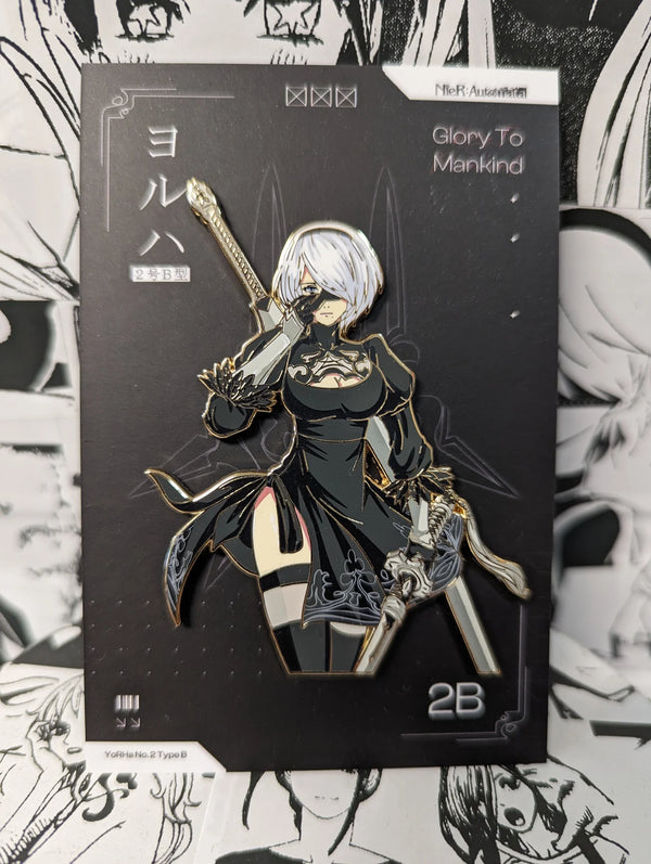 2B Enamel Pin Collection – Limited Edition Collectibles Featuring 2B from NieR: Automata. Premium Black Nickel Finish, Hard Enamel with Print Details, Numbered with Lasered Logo, Large 3 Inches (7.6 cm), Double Butterfly Clutch for Secure Attachment. Perfect Anime Merchandise for NieR: Automata and 2B Fans, Collectors, and Enthusiasts. Includes Exclusive 2B Design, Anime Accessories, Otaku Gifts, Anime Convention Collectibles, and Cosplay Accessories.