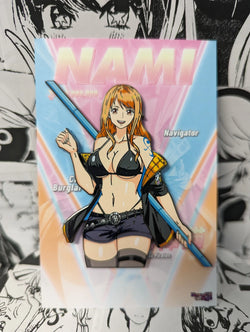 Nami Enamel Pin Collection – Limited Edition Collectibles Featuring Nami from One Piece. Premium Black Nickel Finish, Hard Enamel with Print Details, Numbered with Lasered Logo, Large 3 Inches (7.6 cm), Double Butterfly Clutch for Secure Attachment. Perfect Anime Merchandise for One Piece and Nami Fans, Collectors, and Enthusiasts. Includes Exclusive Nami Design, Anime Accessories, Otaku Gifts, Anime Convention Collectibles, and Cosplay Accessories.