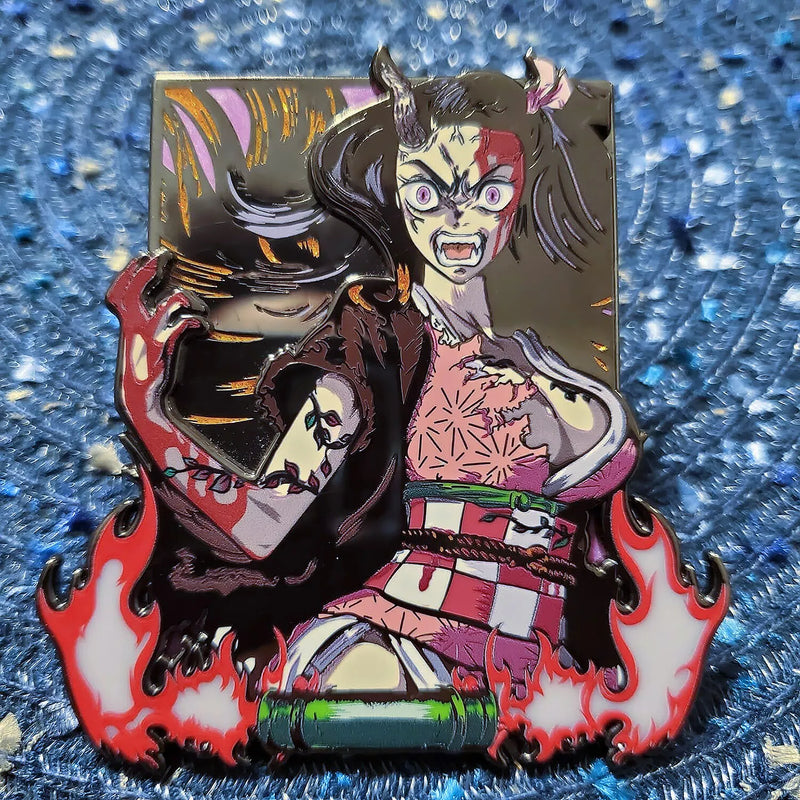 Nezuko Kamado Enamel Pin Collection – Limited Edition Collectibles Featuring Nezuko from Demon Slayer. Premium Black Nickel Finish, Hard Enamel with Print Details, Numbered with Lasered Logo, Large 3 Inches (7.6 cm), Double Butterfly Clutch for Secure Attachment. Perfect Anime Merchandise for Demon Slayer and Nezuko Kamado Fans, Collectors, and Enthusiasts. Includes Exclusive Nezuko Kamado Design, Anime Accessories, Otaku Gifts, Anime Convention Collectibles, and Cosplay Accessories.