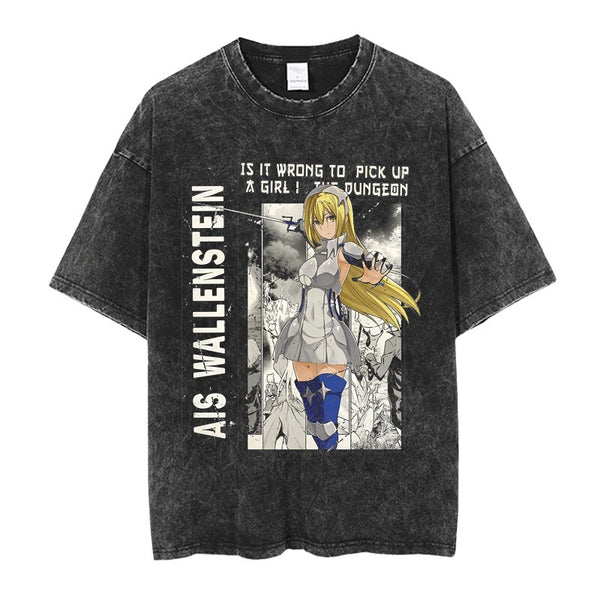 DanMachi Is It Wrong to Try to Pick Up Girls in a Dungeon Bell Cranel Hestia Ais Wallenstein Liliruca Haruhime Mikoto Wiene Y2K Classic Vintage Retro Washed Anime T-Shirt Tee Harajuku Streetwear Manga Aesthetic Handmade Japanese Culture JK Casual Printed Anime Pattern Cosplay Comic Con Festival Gift Apparel Clothing Heavy Cotton Oversized Tee Tokyo Otaku Weeb Printed T-shirts Graphic