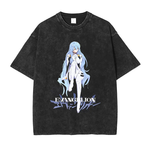 Vintage oversized Neon Genesis Evangelion streetwear tee with classic washed Harajuku Y2K style, perfect for skateboarders, otaku, and anime fans. This heavyweight cotton shirt features Shinji, Rei, Asuka, Kaworu, and Unit-01 in bold, futuristic artwork. Ideal for skating, gym, or cosplay, this tee captures the dark, psychological intensity of Evangelion, blending iconic mecha battles with rebellious streetwear fashion. A must-have for fans of the Evangelion pilots and those who resonate with its complex