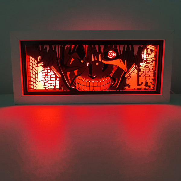 Custom Tokyo Ghoul light box with 3D paper carving and RGB LED lights featuring Ken Kaneki. Perfect for anime gifts, Christmas decor, and Tokyo Ghoul fans. Remote-controlled colors create a dark, intense ambiance for any space. Ideal for holidays, birthdays, or special occasions, celebrating Kaneki’s transformation, his struggle between human and ghoul, and his iconic mask. A must-have for Tokyo Ghoul fans looking to showcase the thrilling, haunting world of ghouls.