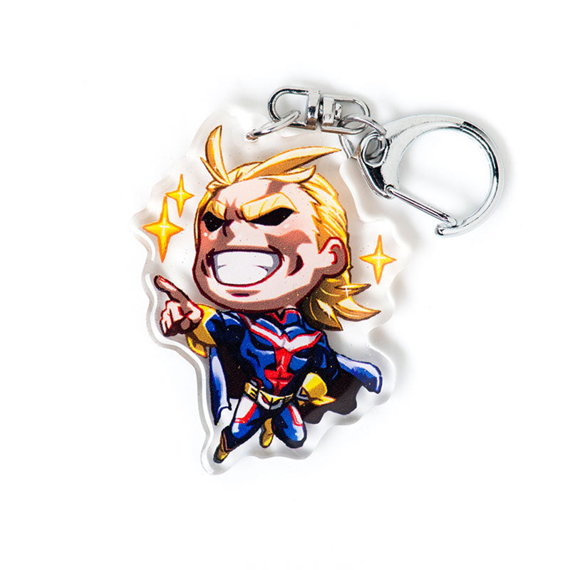 Exclusive My Hero Academia acrylic keychain featuring double-sided designs of fan favorites like Deku, Bakugo, and Todoroki. Eye-catching, vibrant, scratch-resistant colors with glitter epoxy coating. Ideal for backpacks, lanyards, and Ita bags. Durable silver D-clasp for lasting use. Perfect collectible and gift for anime fans and MHA lovers!