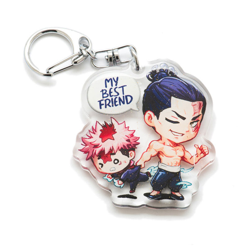 ust-have Jujutsu Kaisen acrylic keychain with double-sided designs of Yuji, Gojo, and Nobara. Vibrant, scratch-resistant colors and glitter epoxy coating make it stand out. Perfect for backpacks, lanyards, and Ita bags. Durable silver D-clasp ensures long-lasting quality. A limited edition collectible and the perfect gift for anime fans and collectors