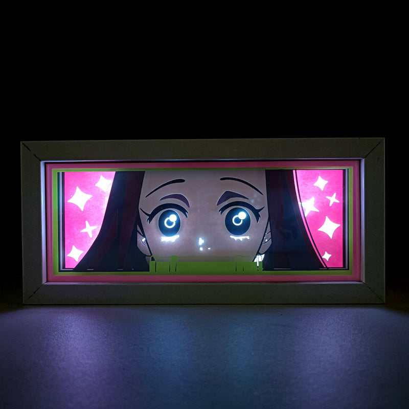 Custom Demon Slayer anime light box with 3D paper carving and RGB LED lights featuring Tanjiro and Nezuko. Perfect for anime gifts, Christmas decorations, and decor for fans and collectors. Remote-controlled colors create a vibrant, action-packed ambiance for bedrooms, desks, or anime-themed spaces. This handmade piece is an ideal gift for holidays or birthdays, designed for lovers of intense battles and stunning anime decor. A must-have for Demon Slayer fans looking to enhance their collection.