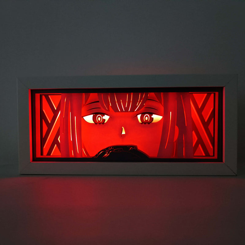 Custom Darling in the Franxx anime light box with 3D paper carving and RGB LED lights featuring Hiro and Zero Two. Perfect for anime gifts, Christmas decorations, and decor for fans and collectors. Remote-controlled colors create a futuristic ambiance for bedrooms, desks, or anime-themed spaces. This handmade piece is an ideal gift for holidays or birthdays, designed for lovers of emotional mecha action and eye-catching anime decor. A must-have for Darling in the Franxx fans to enhance their collection