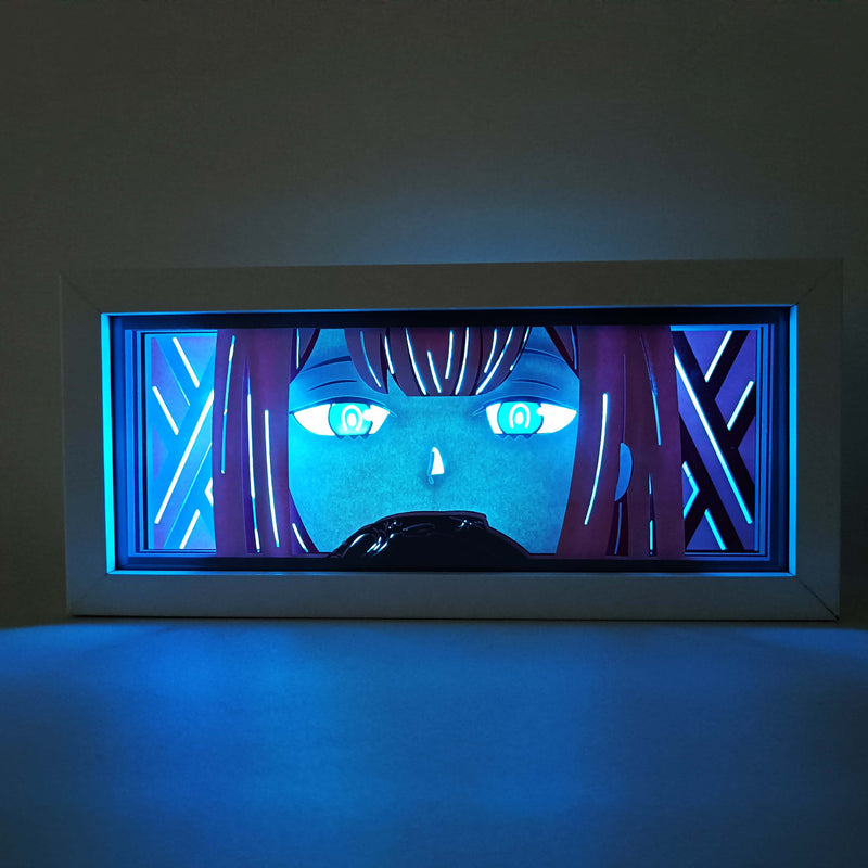 Custom Darling in the Franxx anime light box with 3D paper carving and RGB LED lights featuring Hiro and Zero Two. Perfect for anime gifts, Christmas decorations, and decor for fans and collectors. Remote-controlled colors create a futuristic ambiance for bedrooms, desks, or anime-themed spaces. This handmade piece is an ideal gift for holidays or birthdays, designed for lovers of emotional mecha action and eye-catching anime decor. A must-have for Darling in the Franxx fans to enhance their collection